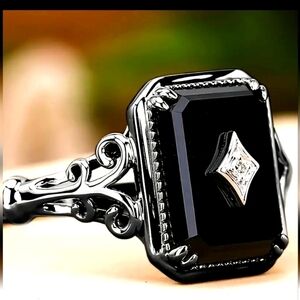 Elegant Black and Silver Ring Faux Onyx Stone With Clear Stone Size 9